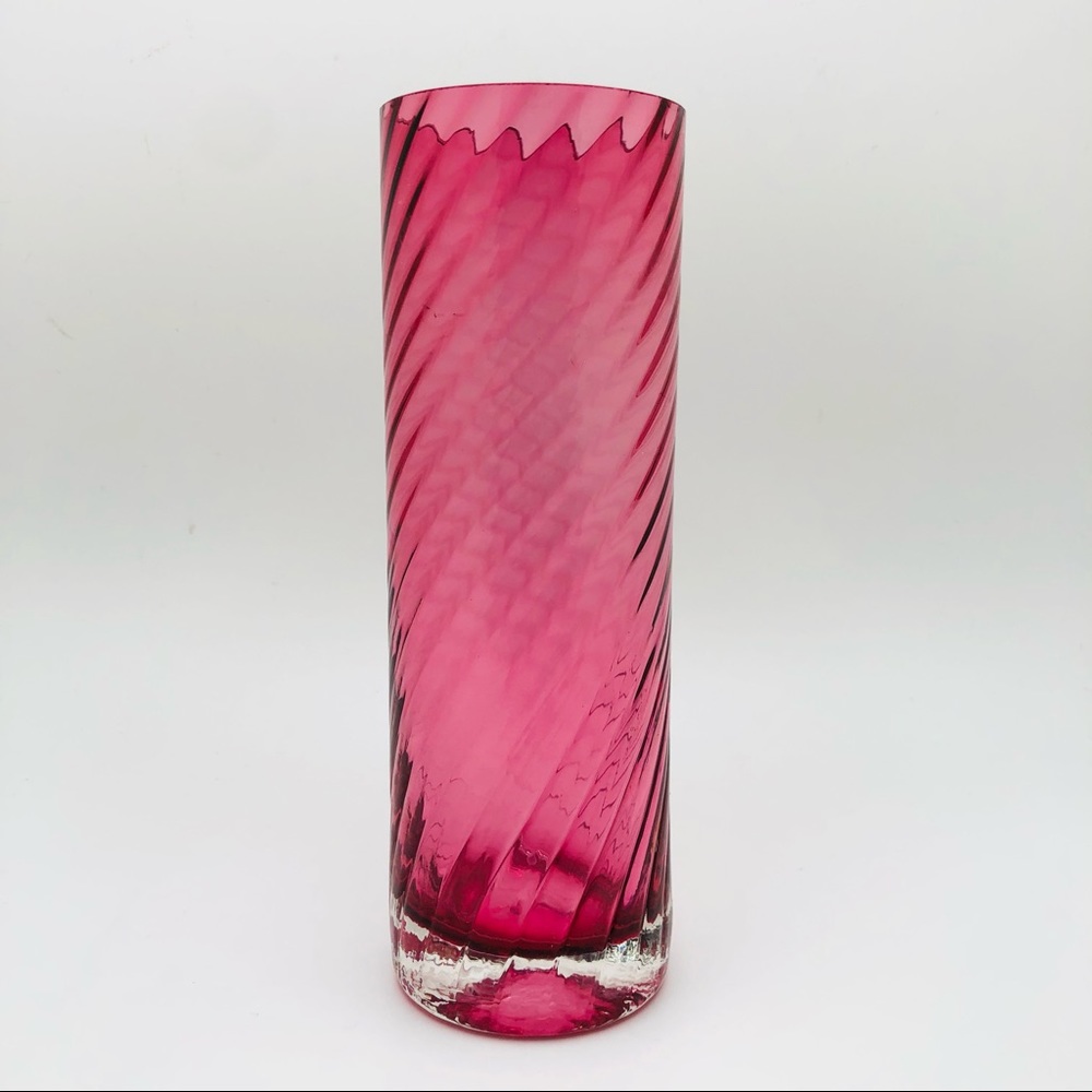Cranberry and Clear Swirl Art Glass Bud Small Vase 6.25” Tall